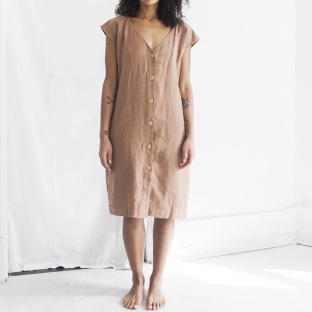esby Linen Button-Front Midi Dress in Camel Brown